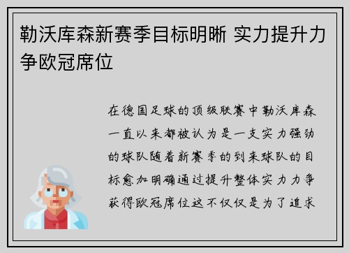 勒沃库森新赛季目标明晰 实力提升力争欧冠席位